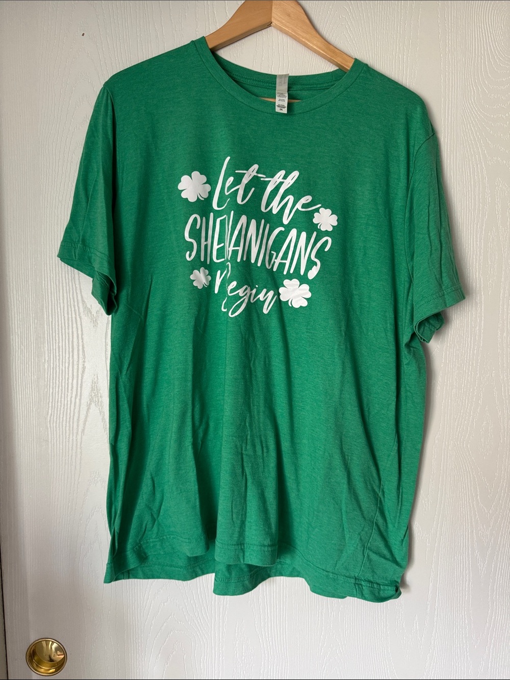 Gildan Green Short Sleeve Tee with White 'Let the Shenanigans Begin' Print